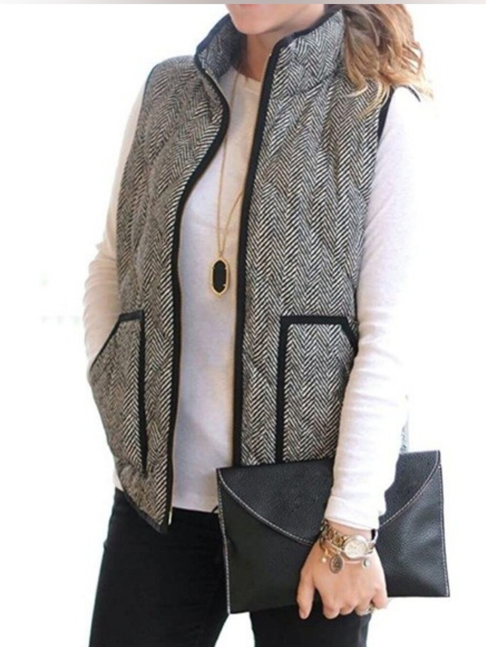 J. Crew Down  Quilted Herringbone Zip Vest Black White M